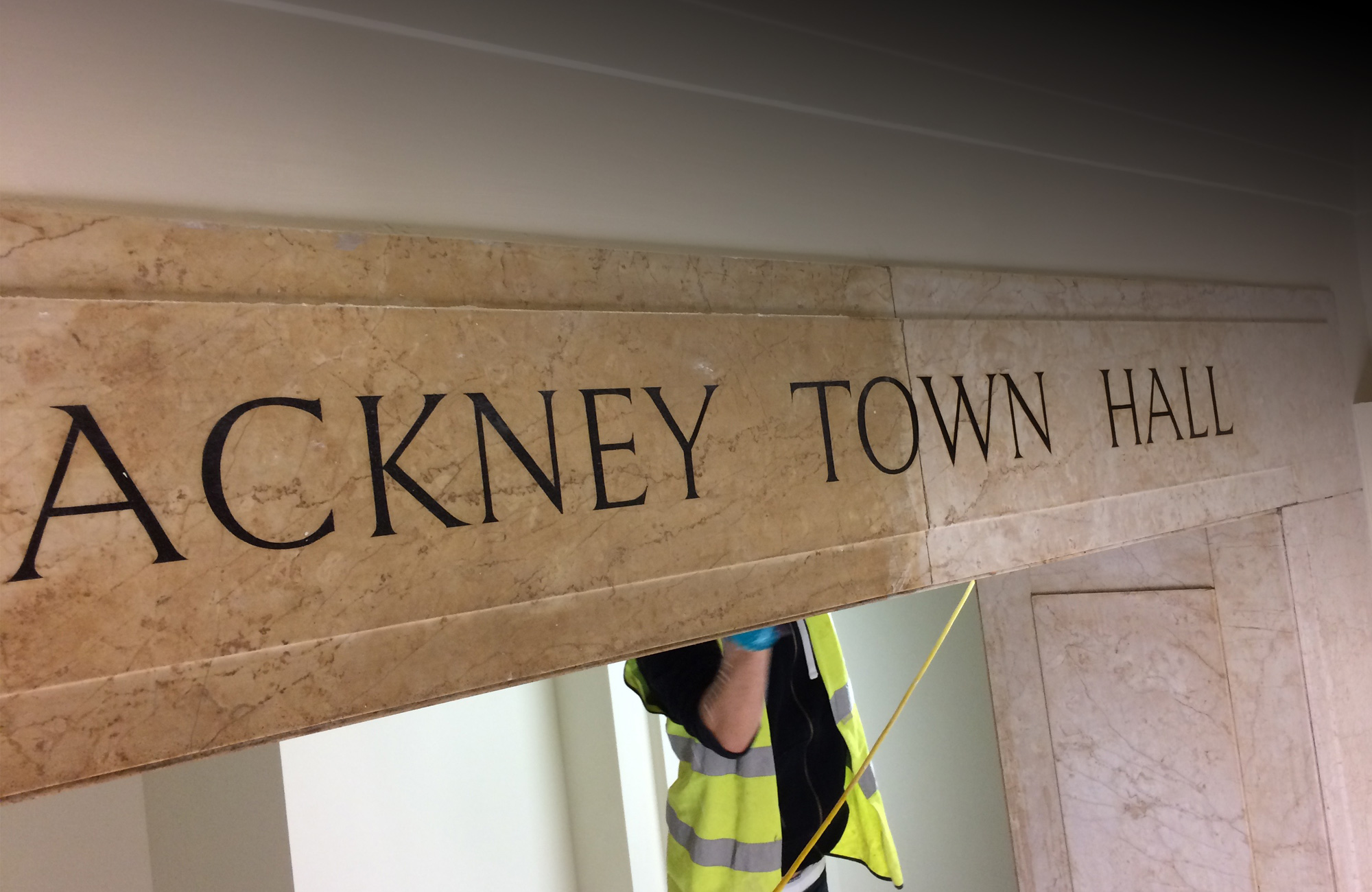 Hackney Town Hall Main entrance sign restoration and clean